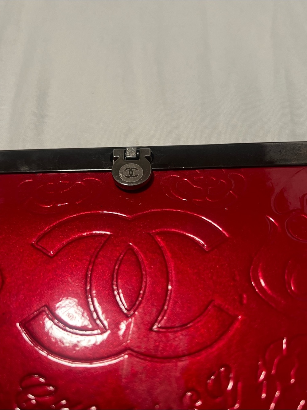 CHANEL Red Patent Leather Embossed CC Frame Clutch
